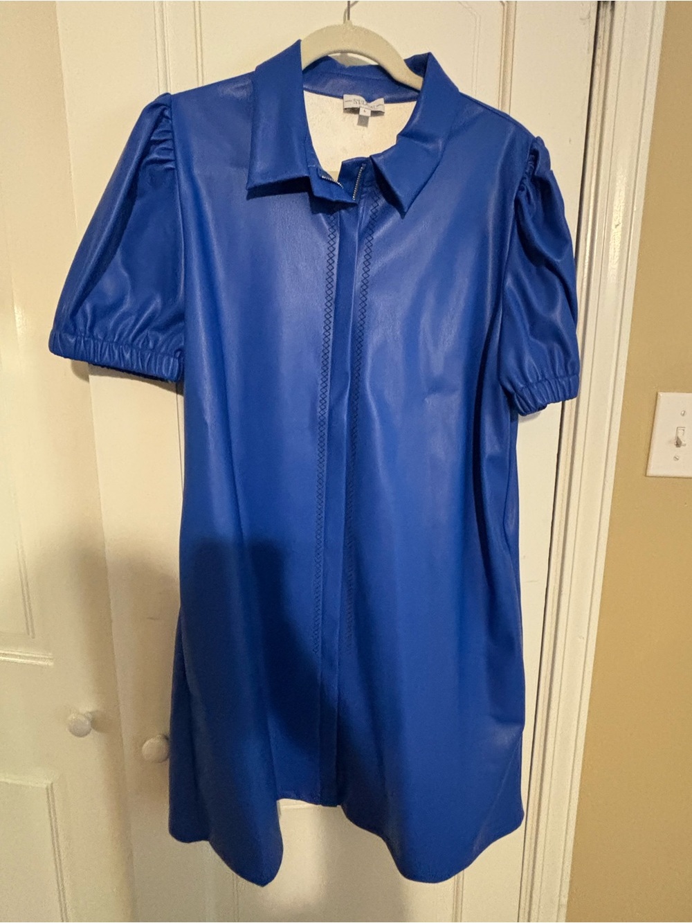 Faux Leather Mini Dress in Royal Blue with Puff Sleeves